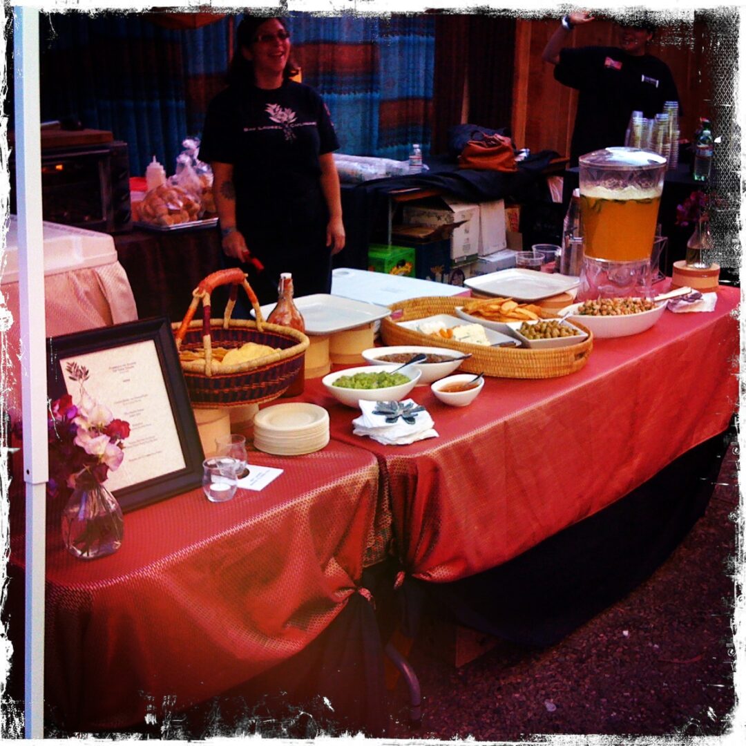 A table with food and drinks on it.