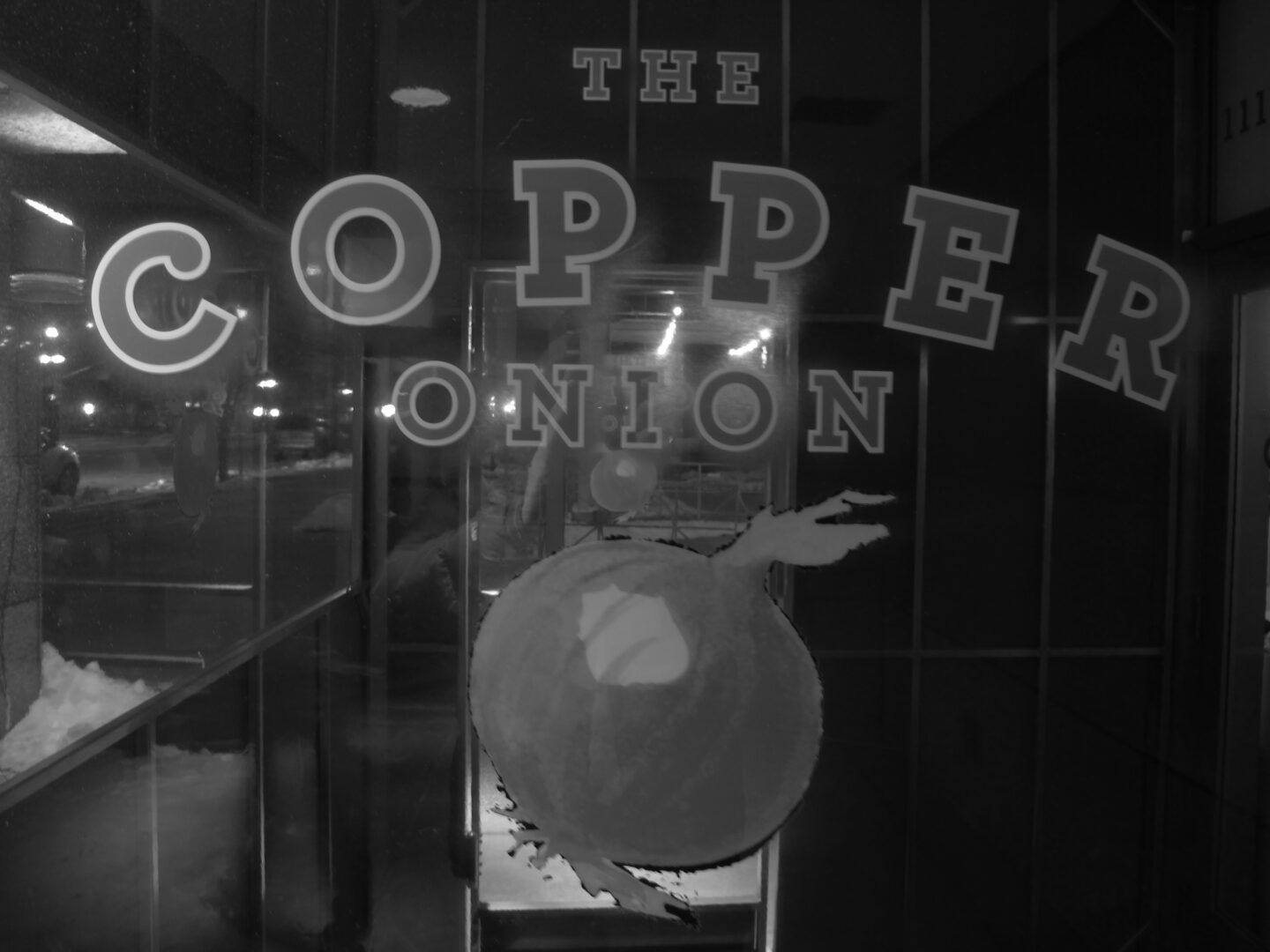 A black and white photo of the copper onion.