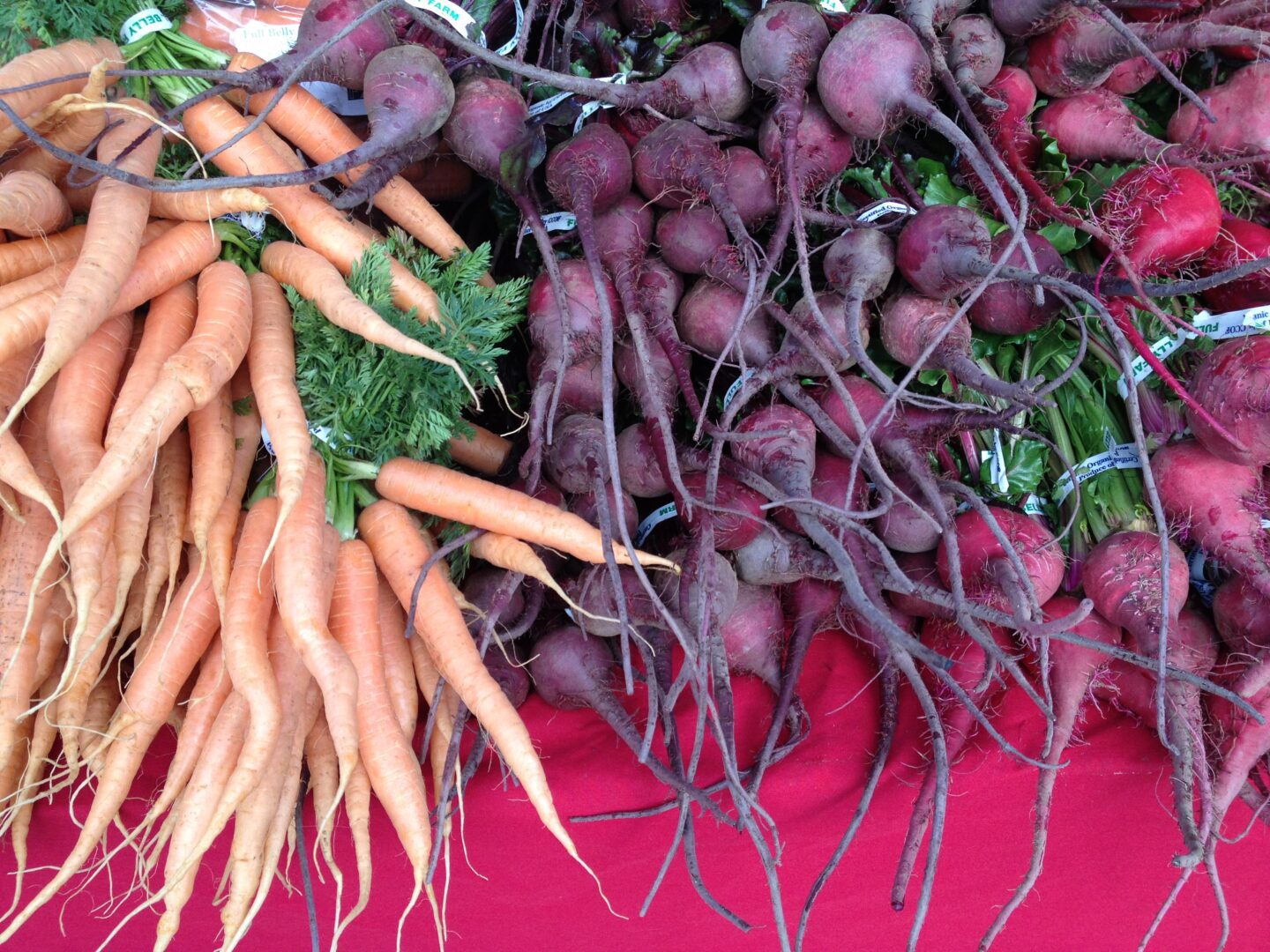 A bunch of carrots and beets on a table.