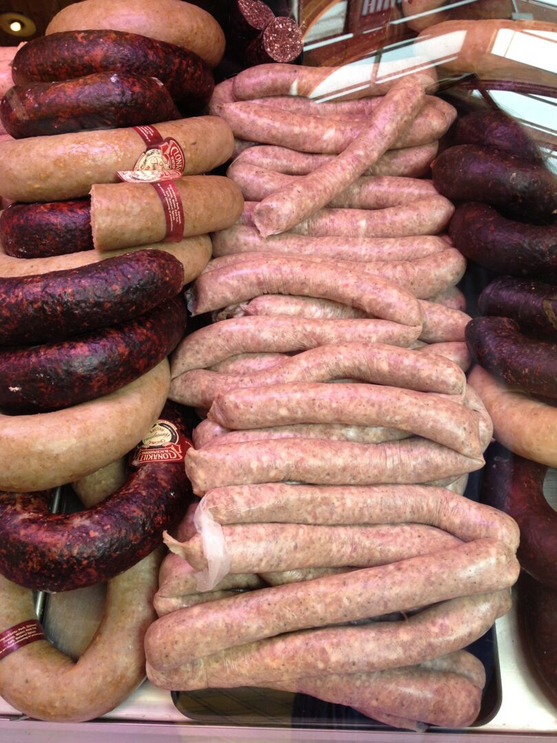 Sausages in a display case.