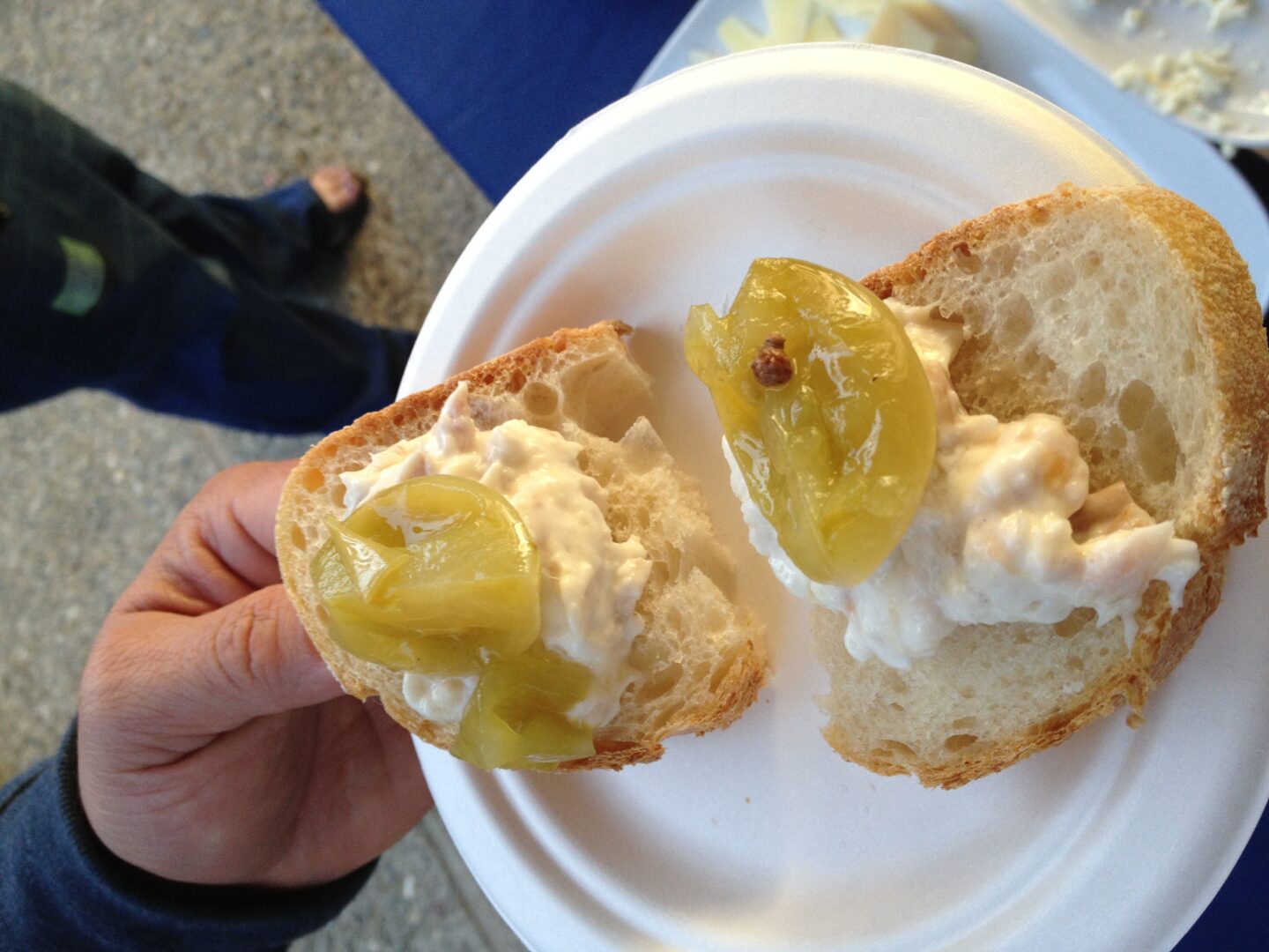 A person holding a sandwich with cheese and pickles on a paper plate.