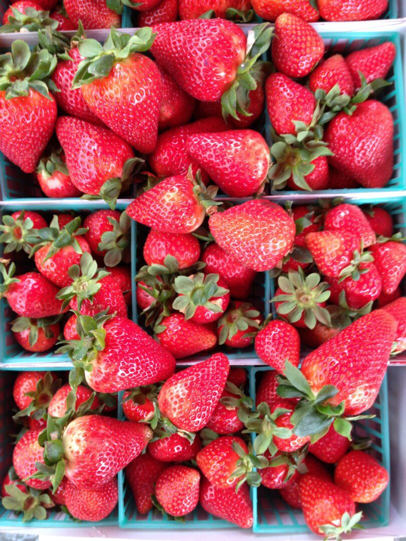 A bunch of strawberries in a blue crate.