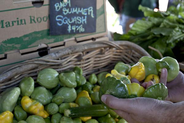 A person is holding a basket of green and yellow peppers.