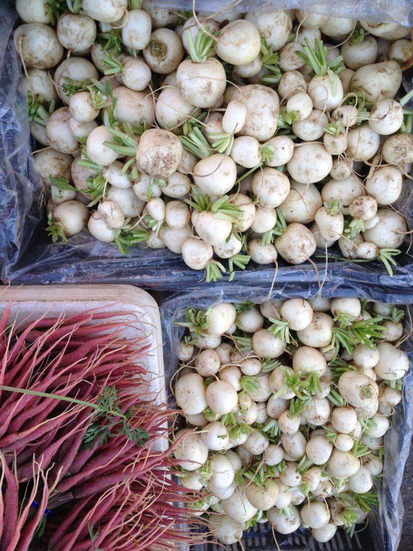 A bunch of radishes in a plastic container.