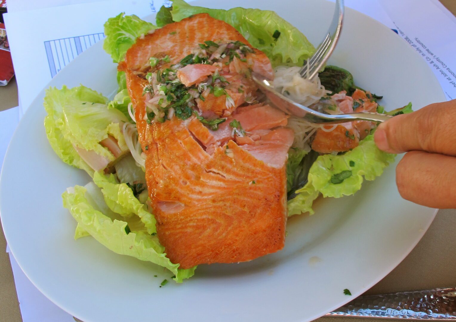 A person is holding a fork to a plate of salmon.