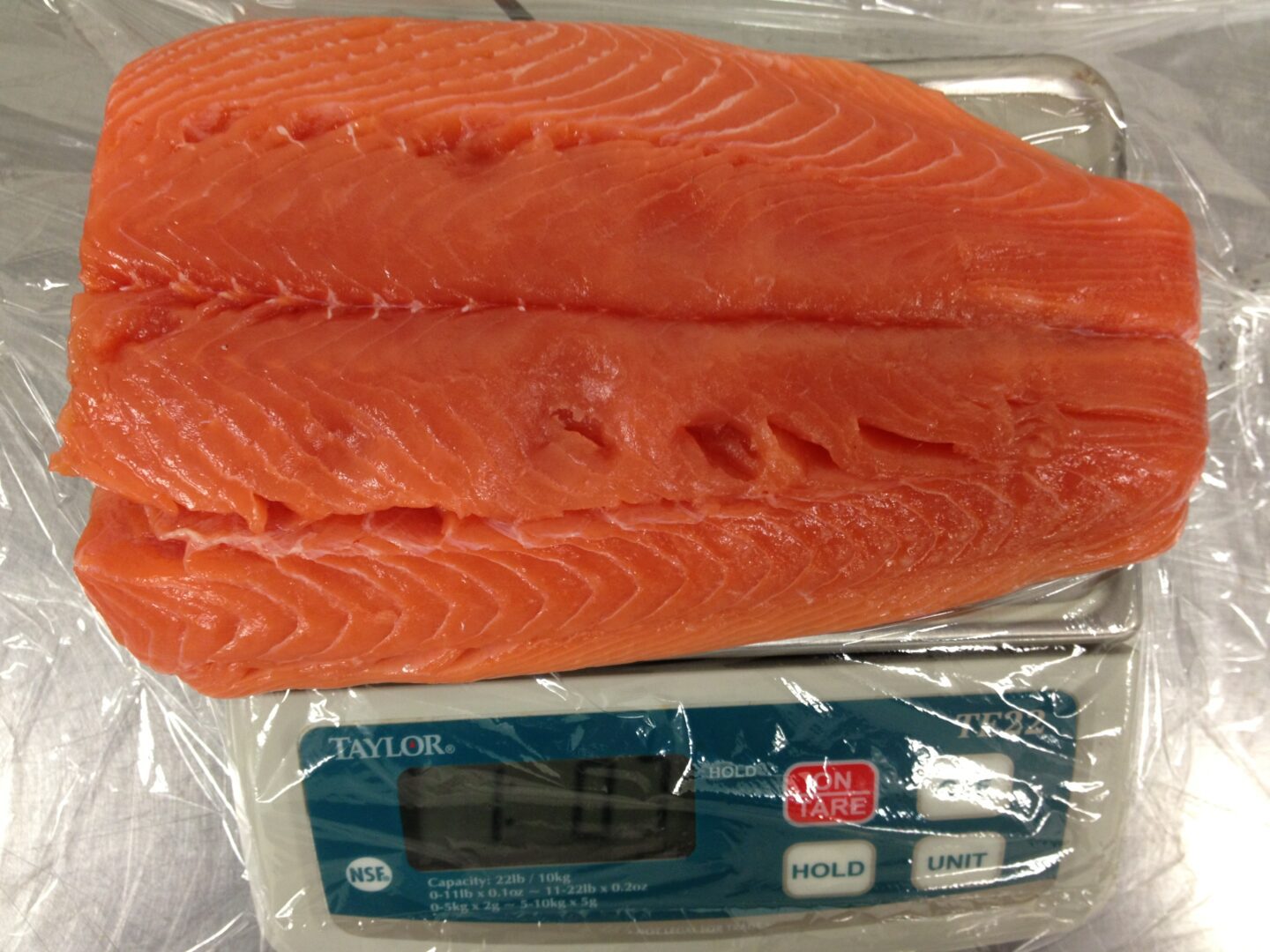 A piece of salmon is sitting on a scale.