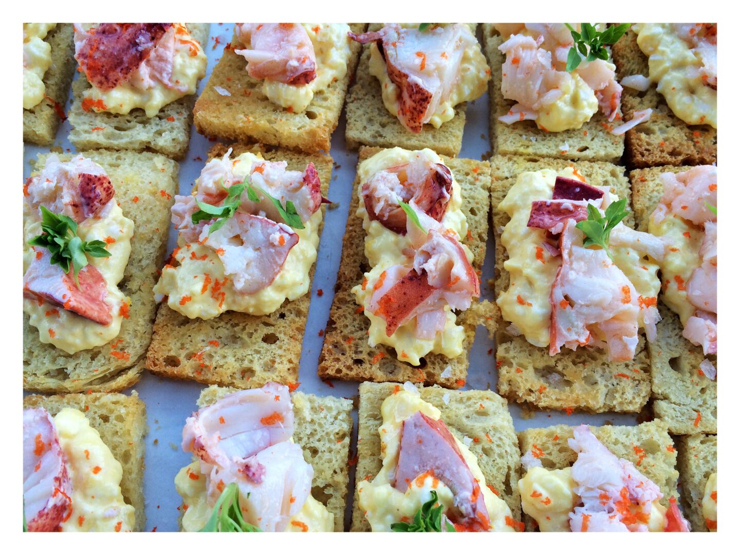 Lobster pieces, roasted lobster roe, micro basil & sea salt atop creamy egg salad on buttered brioche toast