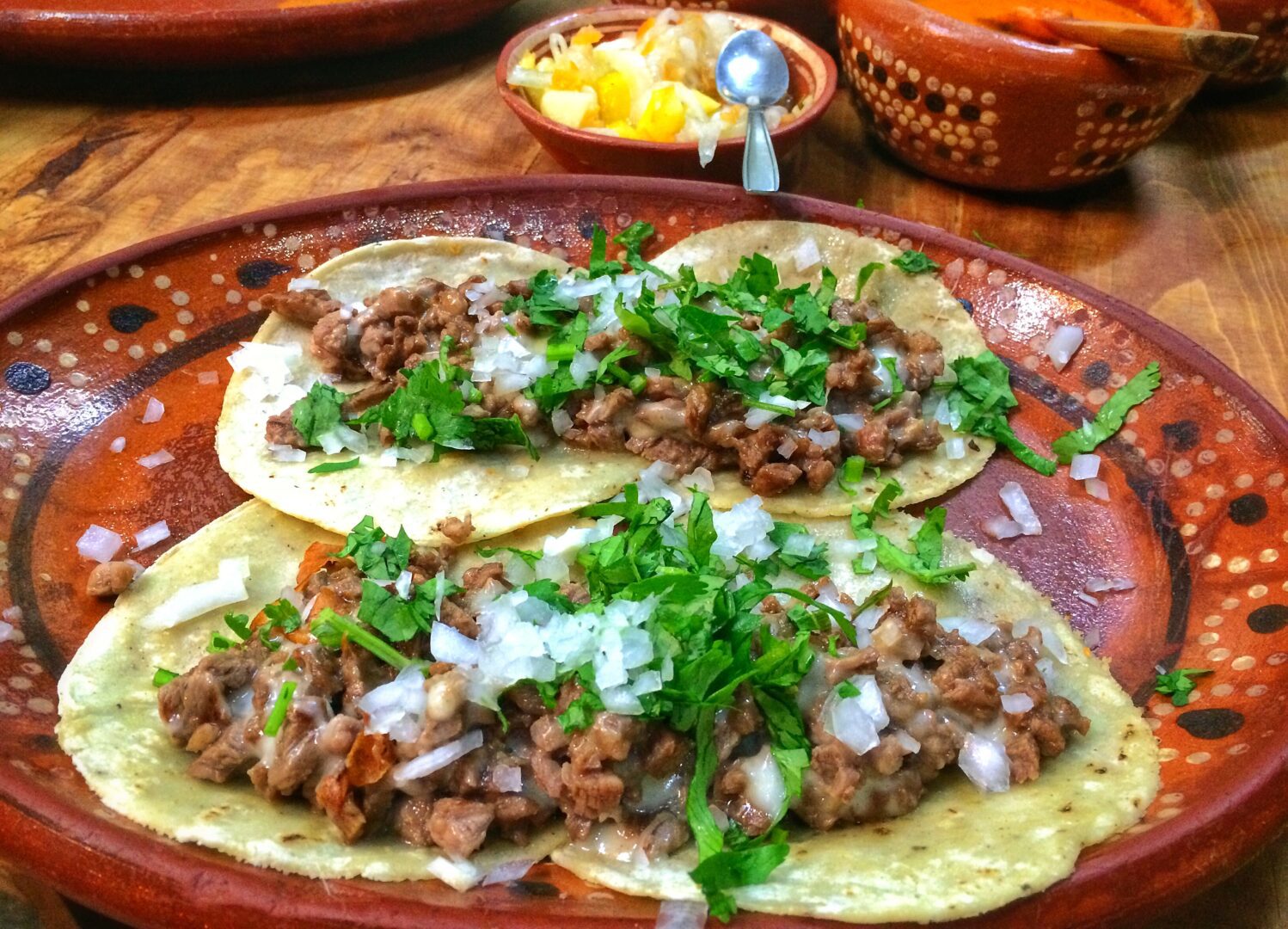Two tacos on a plate with onions and cilantro.