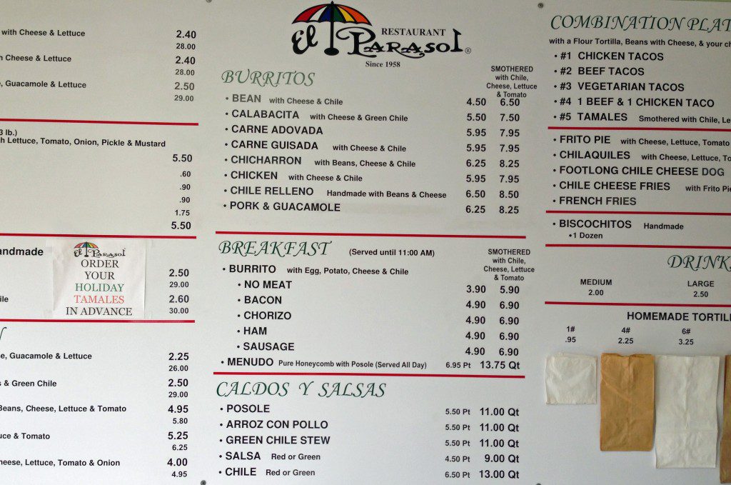 A menu with a variety of items on it.
