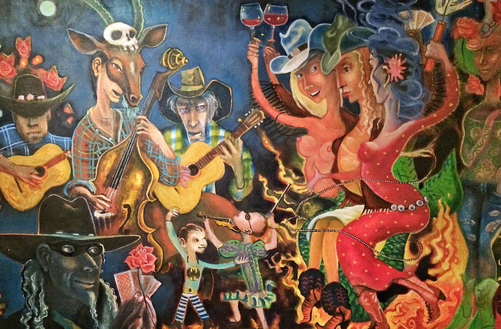 A painting of a group of people playing music.