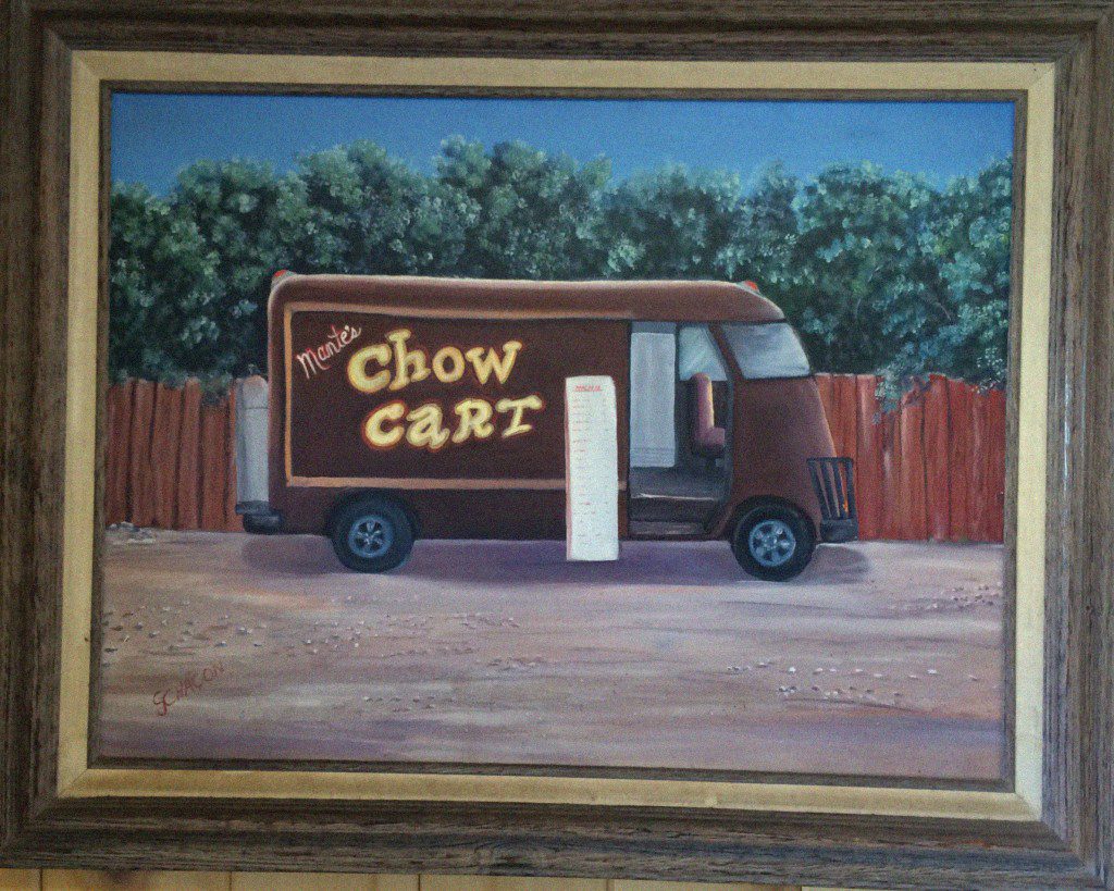 A painting of a truck with the words chow cart on it.