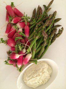 Asparagus and radishes with a dip.