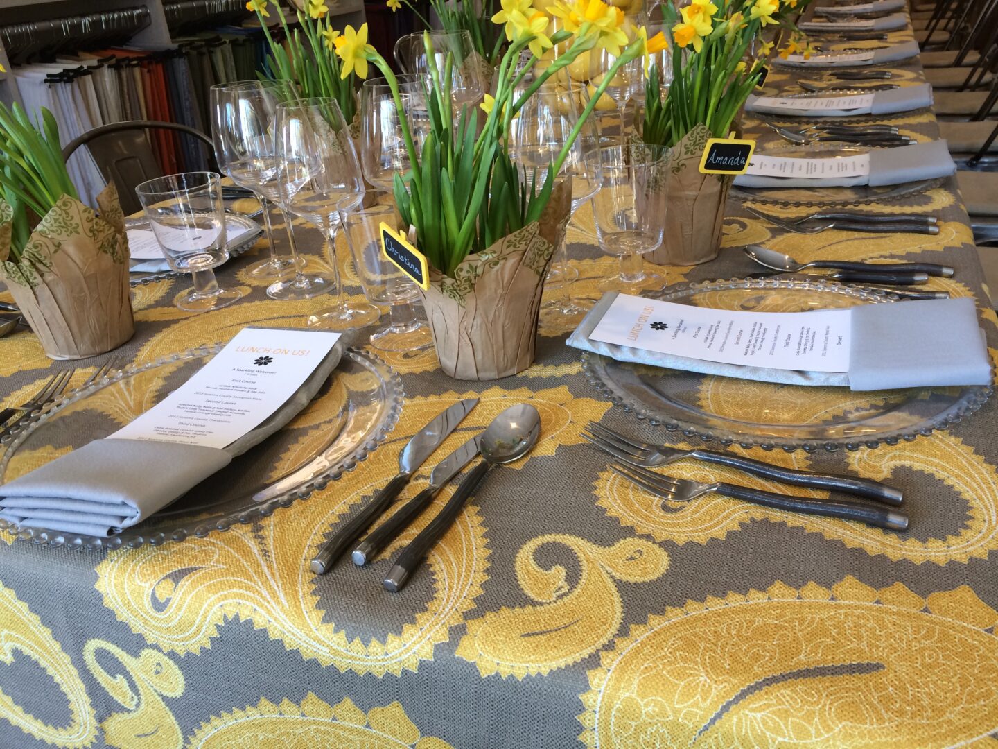 A yellow and gray tablecloth.