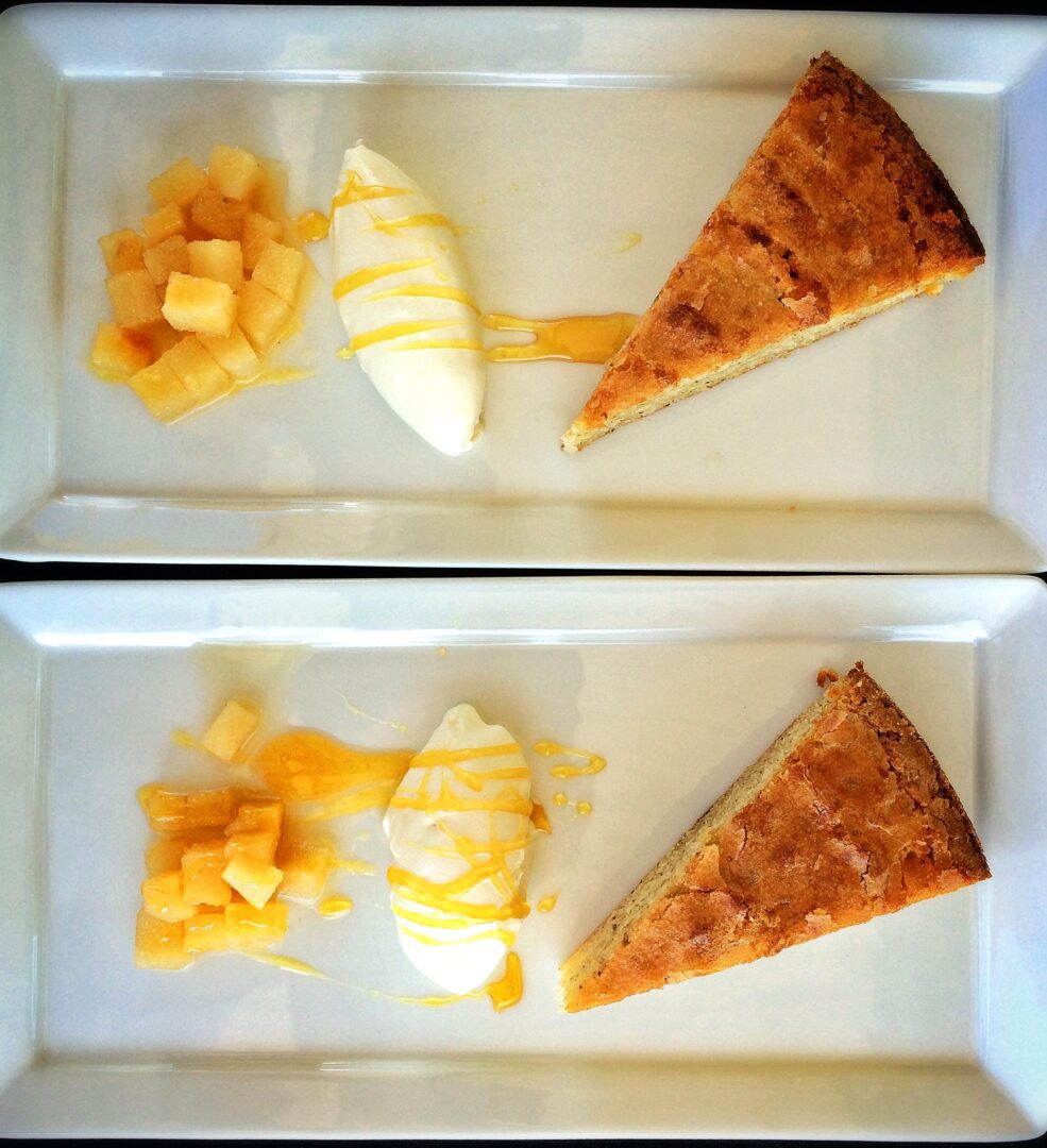 Brown Butter-Almond Torte with Drambuie Cream, Ginger Poached Asian Pear & Caramelized Honey