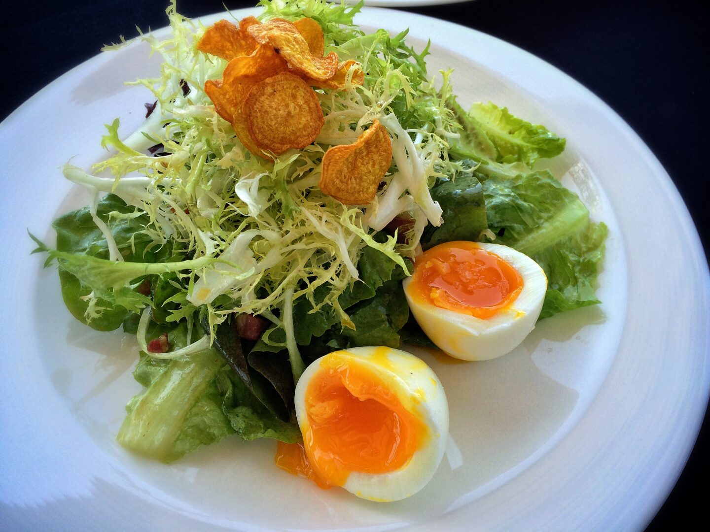 Star Route Farms Coastal Greens with Soft Boiled Pasture Egg, Pancetta Vinaigrette & Deep Fried Beets