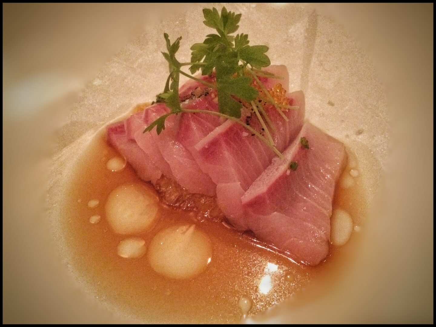 A piece of tuna is sitting on top of a plate.
