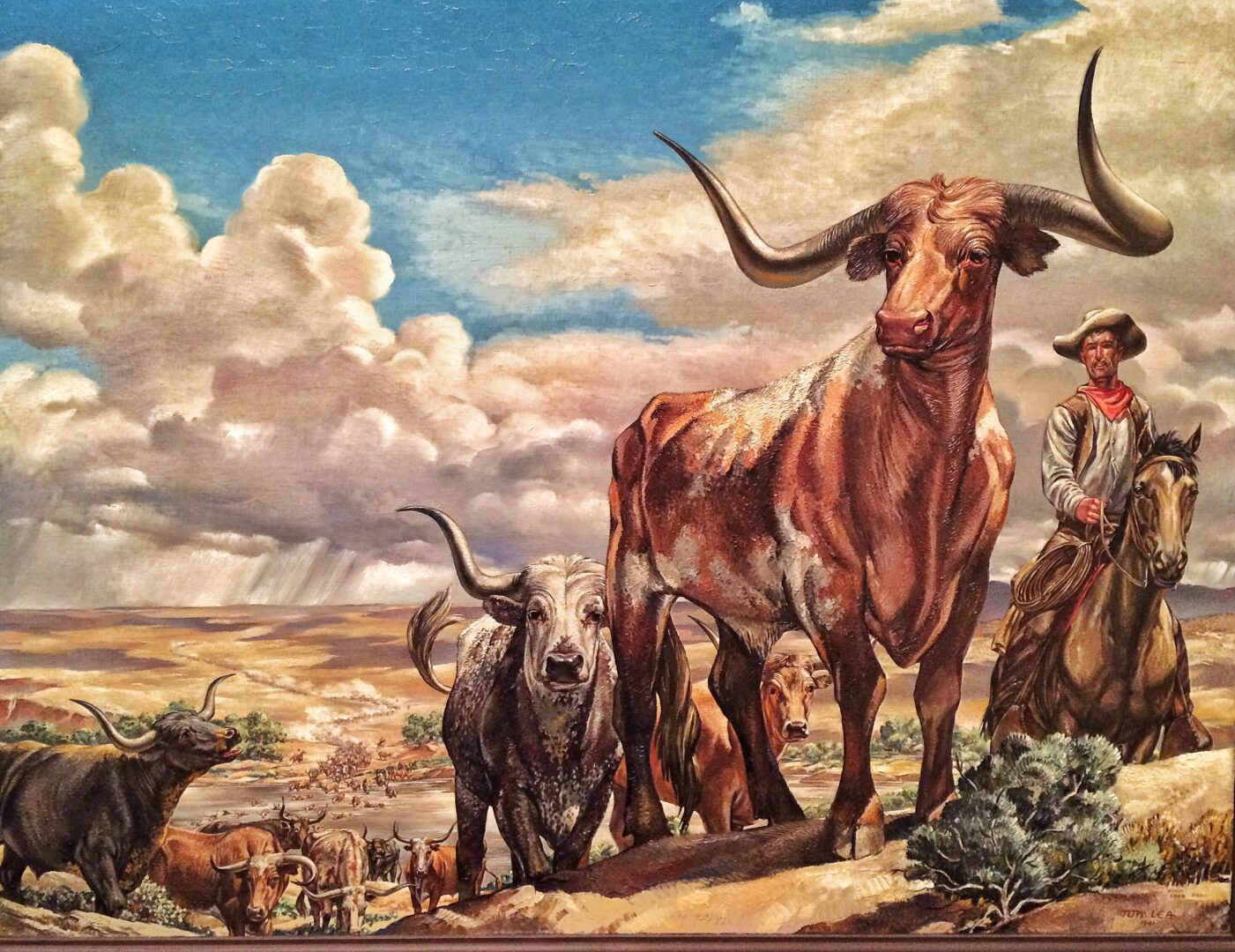 A painting of cowboys with long horns.