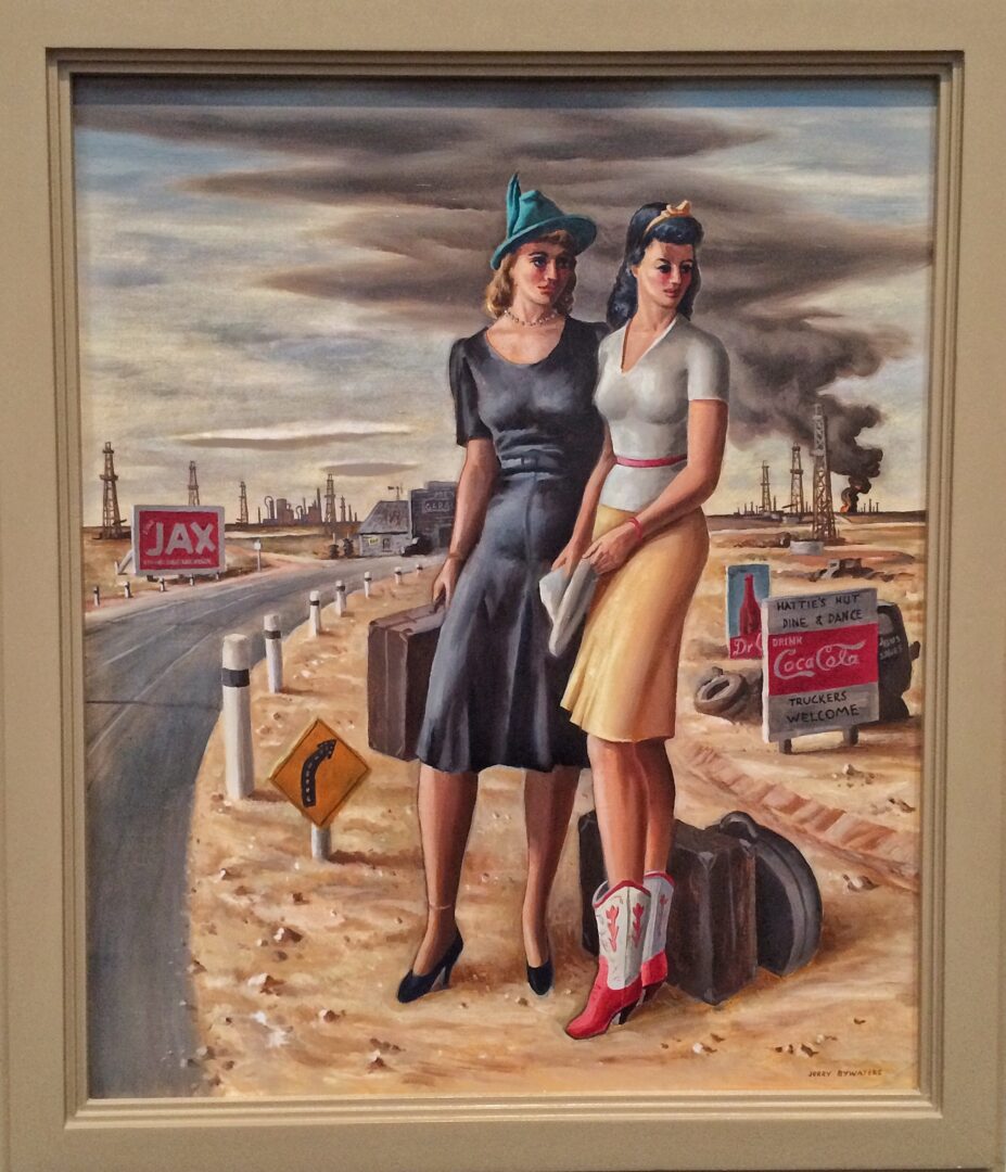 A painting of two women standing in front of a gas station.
