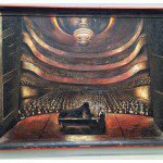 A painting of a concert hall with a piano in the background.