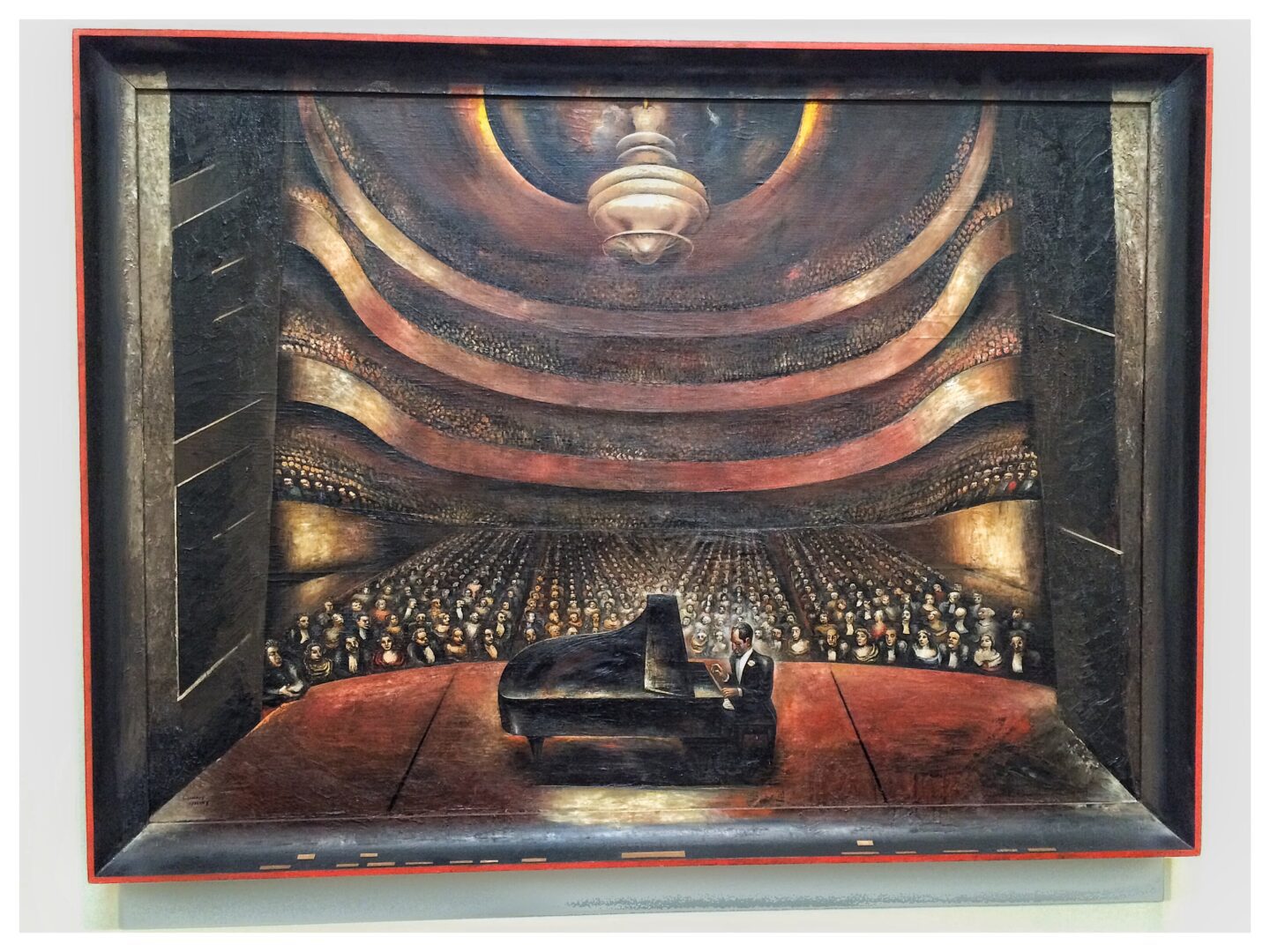 A painting of a concert hall with a piano in the background.
