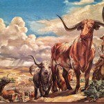 A painting of cowboys with long horns.
