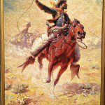 A painting of a cowboy riding a horse.