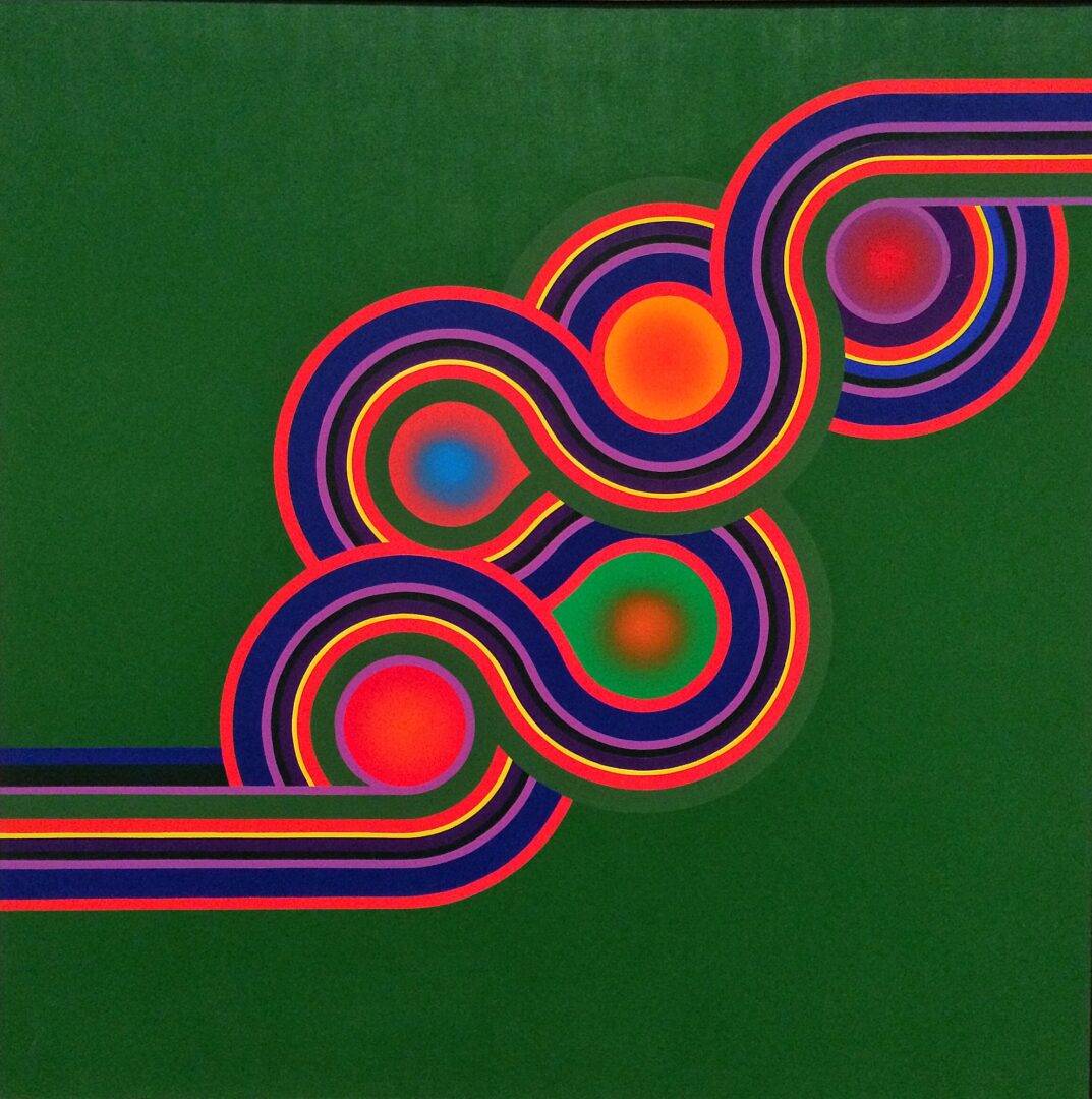A painting with colorful circles on a green background.