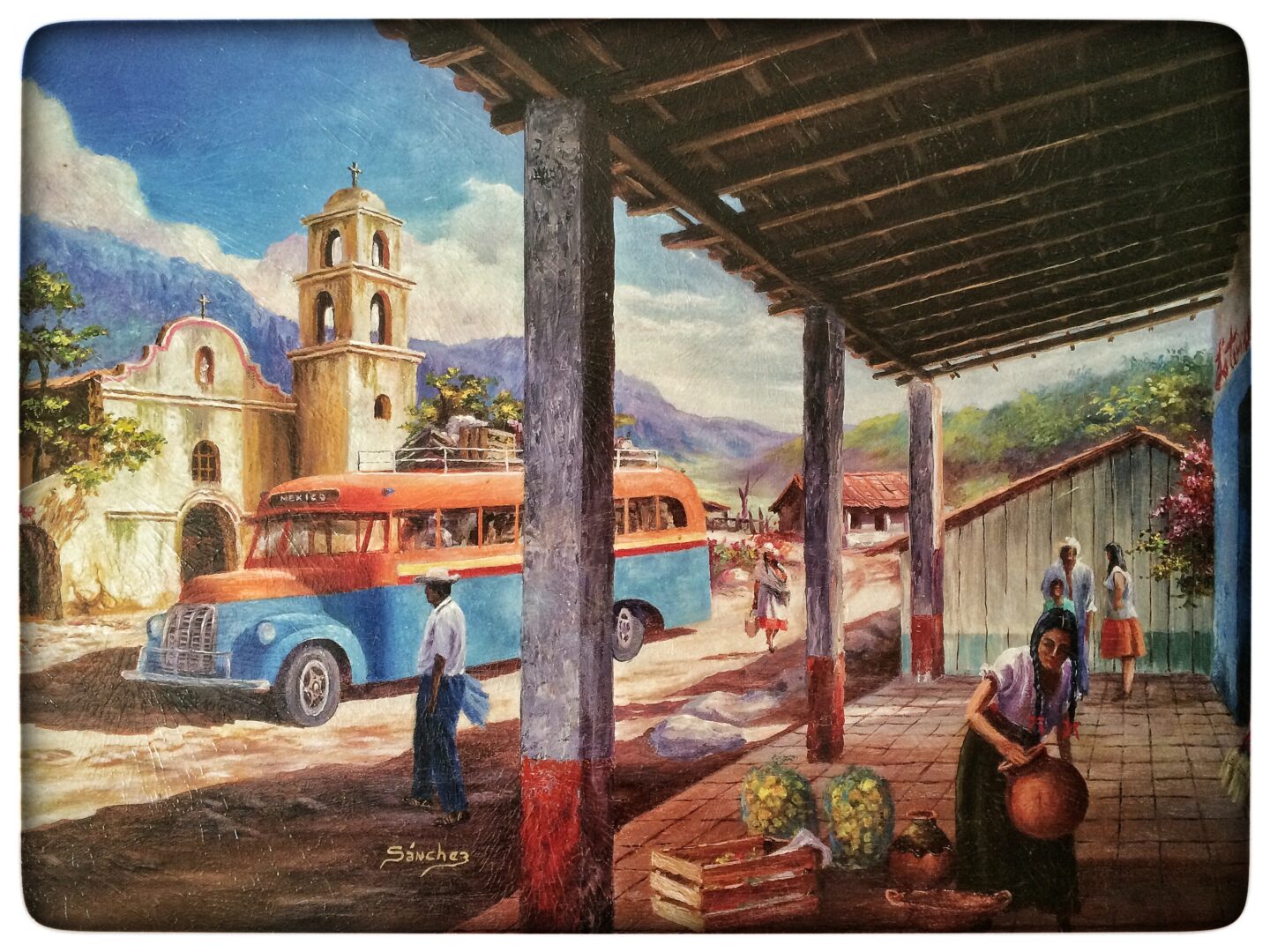 A painting of a bus in front of a house.