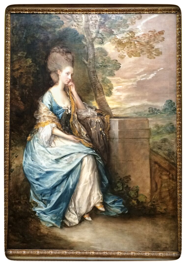 A painting of a lady in blue sitting on a ledge.