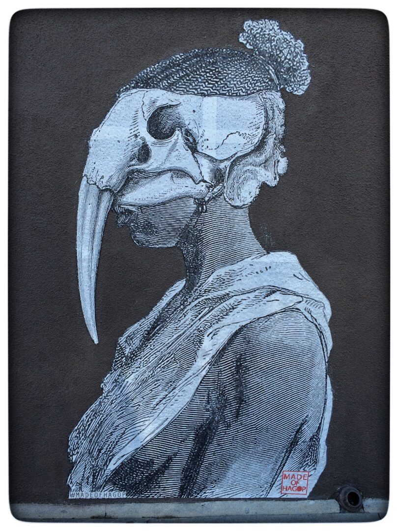 A black and white drawing of a woman with a skull on her head.