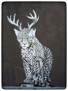 A painting of a leopard with antlers on it.