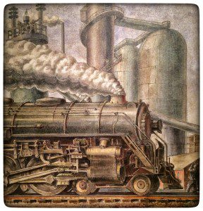 A painting of a steam locomotive coming out of a factory.