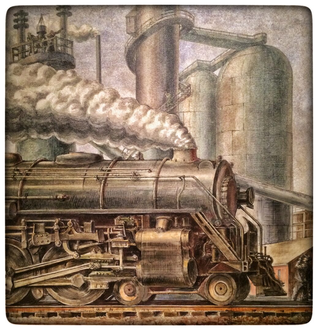 A painting of a steam locomotive coming out of a factory.