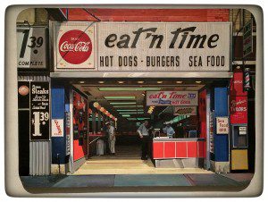 A painting of a restaurant with a sign that says eat in time.