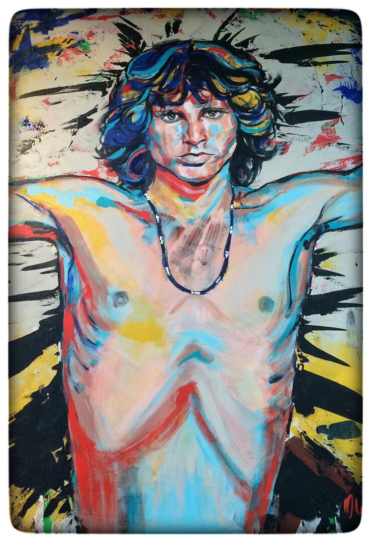 A painting of a man with no shirt.