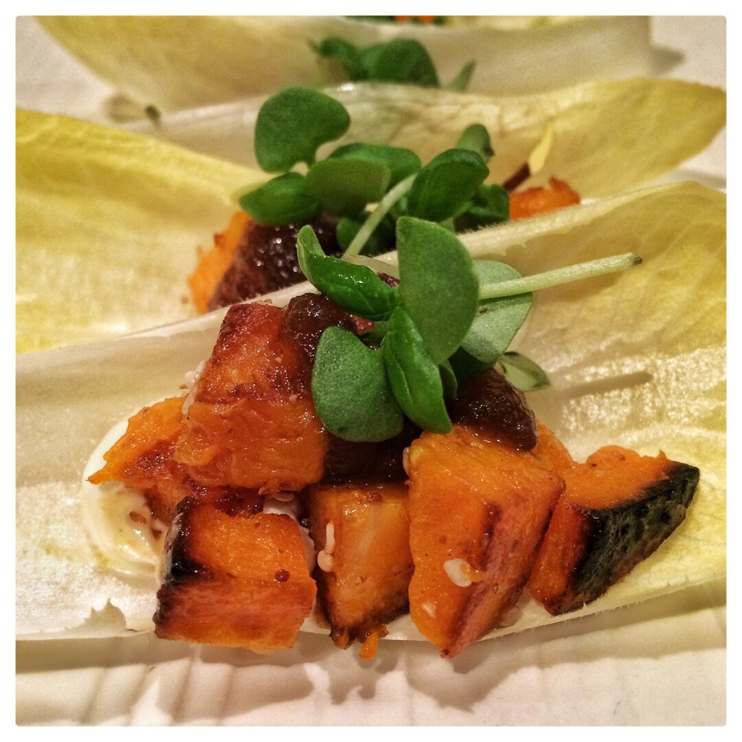 Warm Winter Squash & Sesame Salad with Endive, Creme Fraiche & Micro Basil