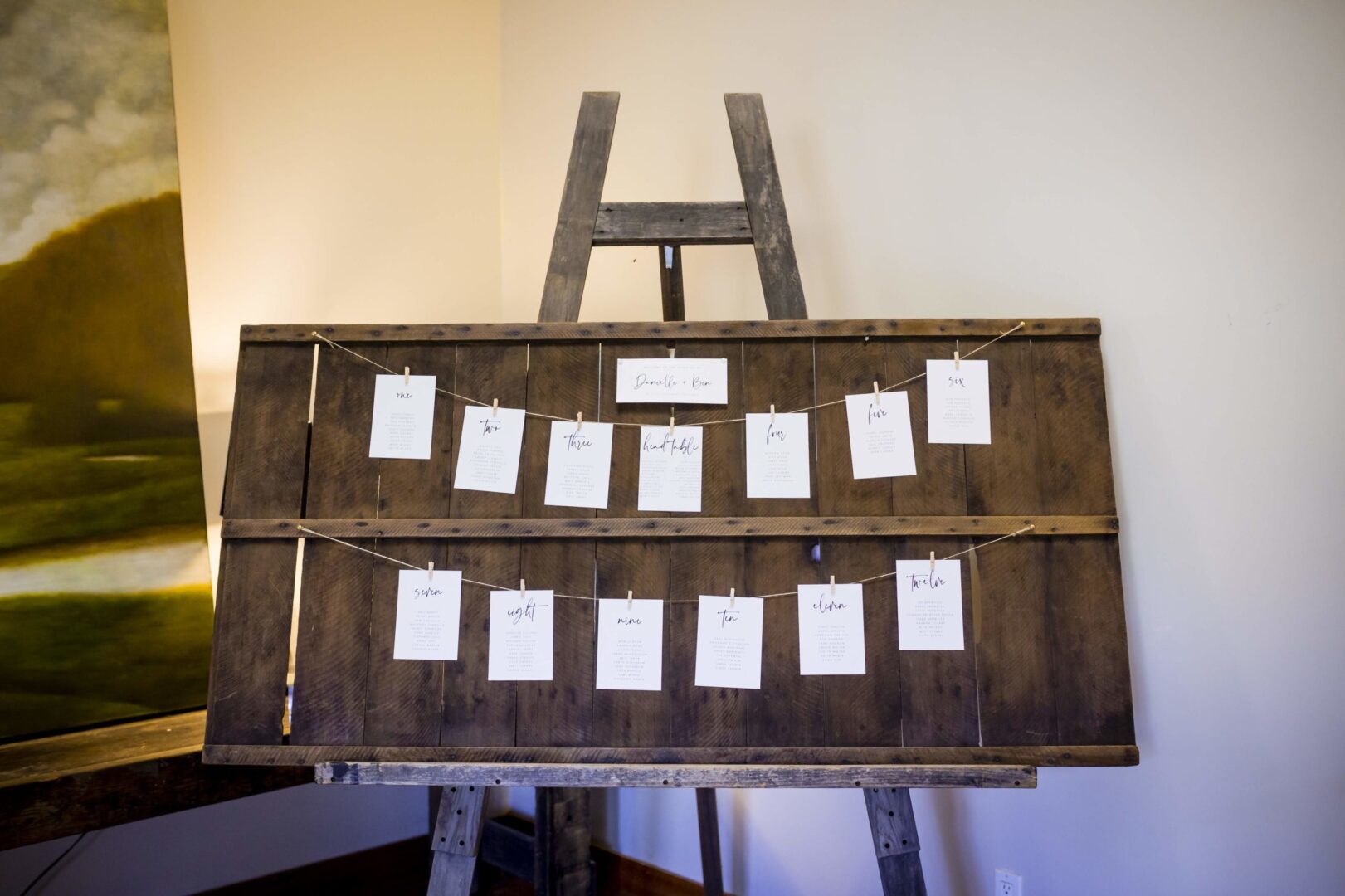 A wooden easel with place cards on it.