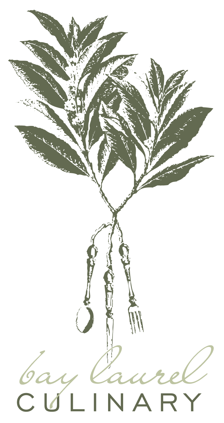 Logo of bay laurel culinary featuring an illustration of a bay laurel branch with kitchen utensils hanging from its stem.