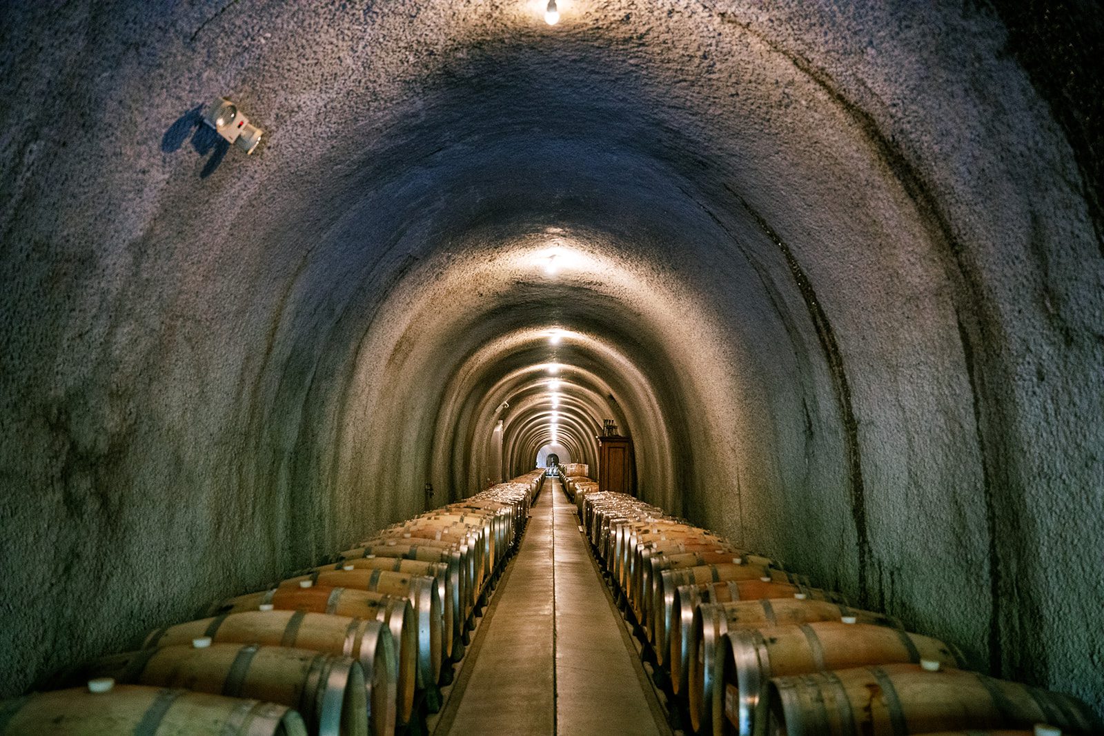 A wine cellar with rows of barrels lined up in a tunnel.