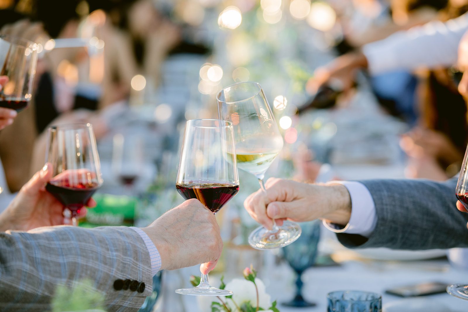 A group of people toasting wine glasses at an event.