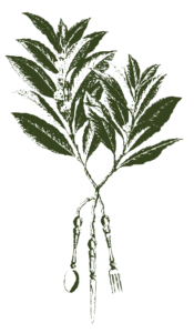 A drawing of a plant with a knife and fork.