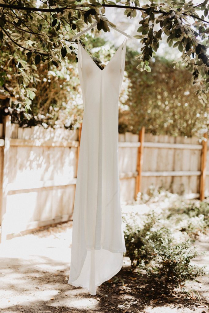 A white wedding dress hanging from a tree in a backyard.