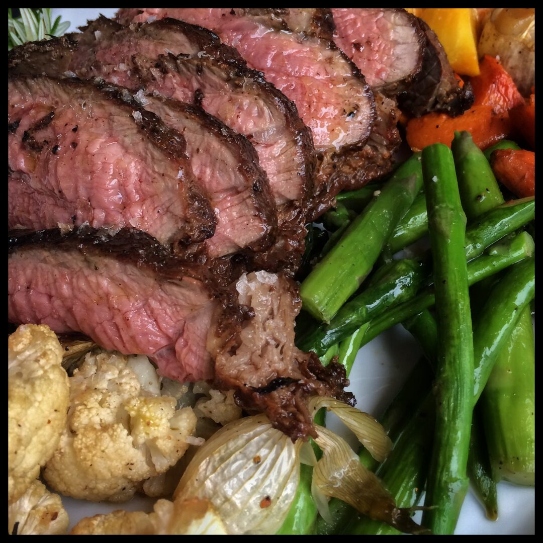 Grilled Beef Tri Tip Platter with Roasted Spring Vegetables, Olive Oil and Sea Salt