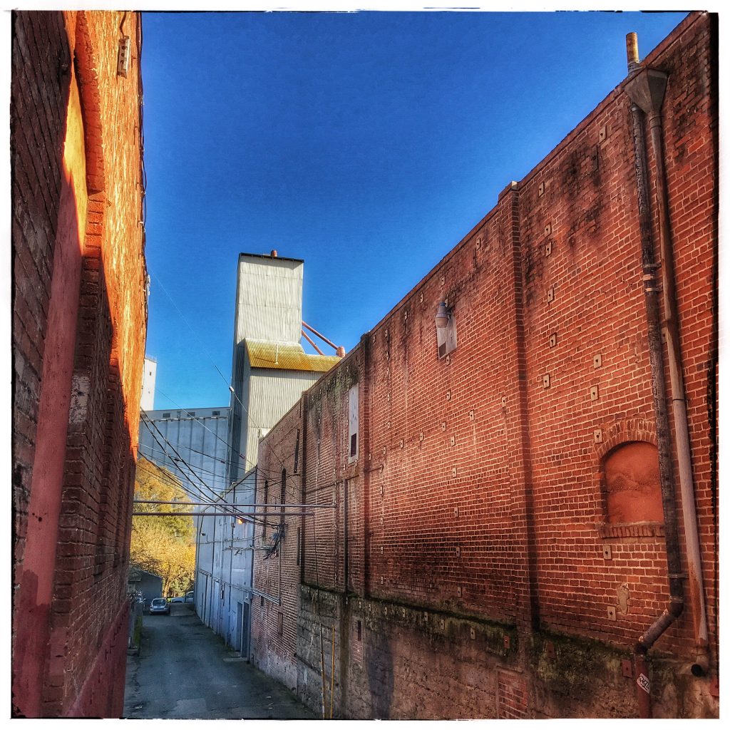 An alleyway with a brick wall and a blue sky.