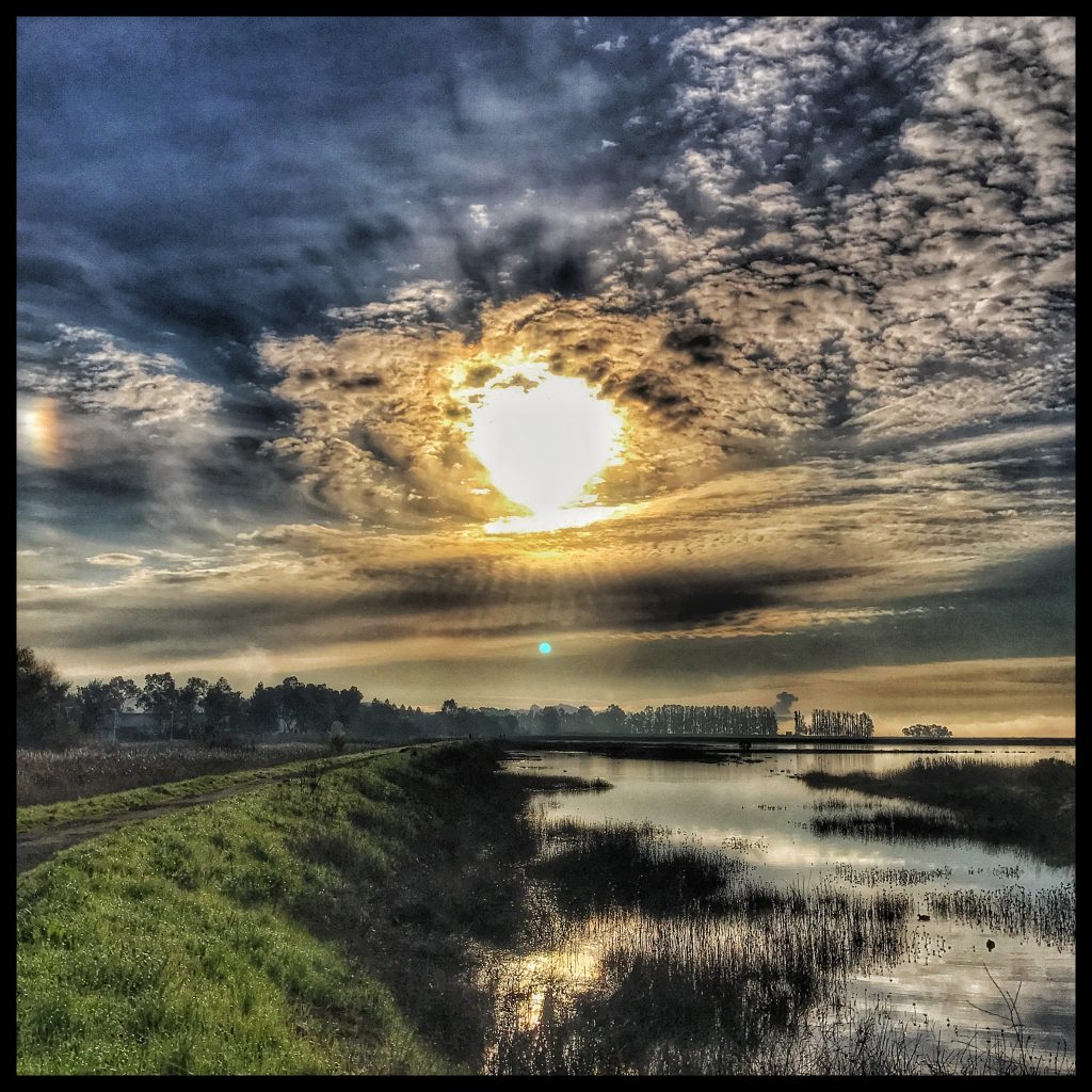 The sun is shining over a river and marsh.