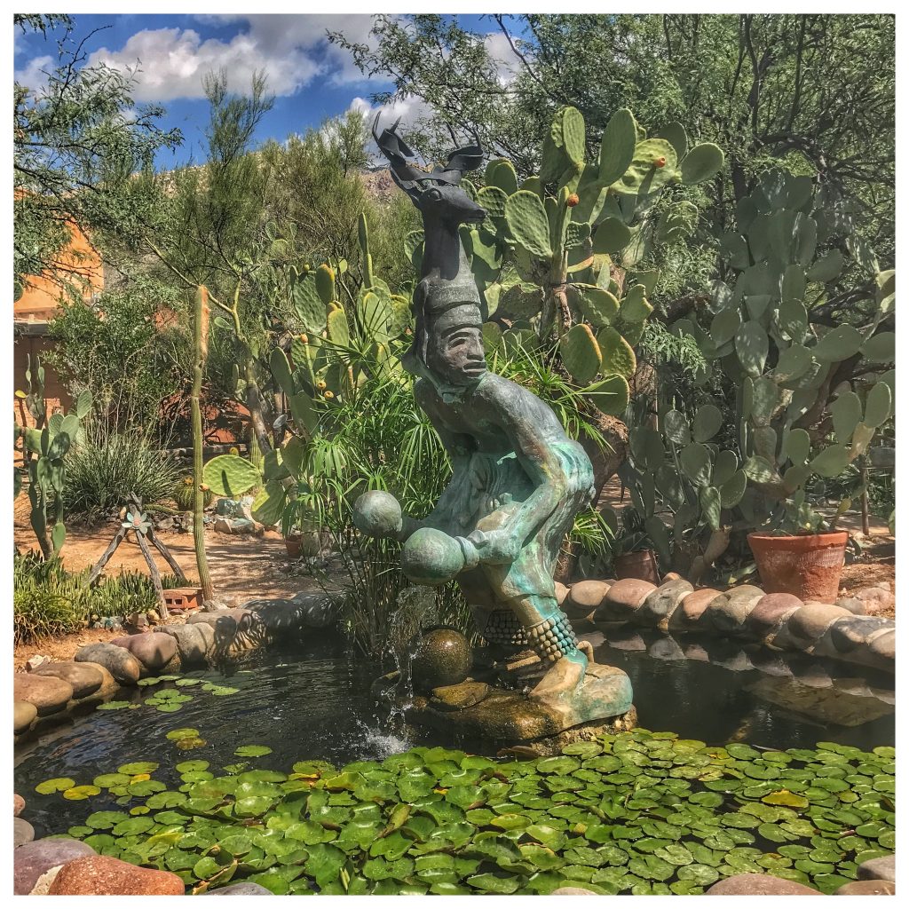 A statue of a man in a cactus garden.