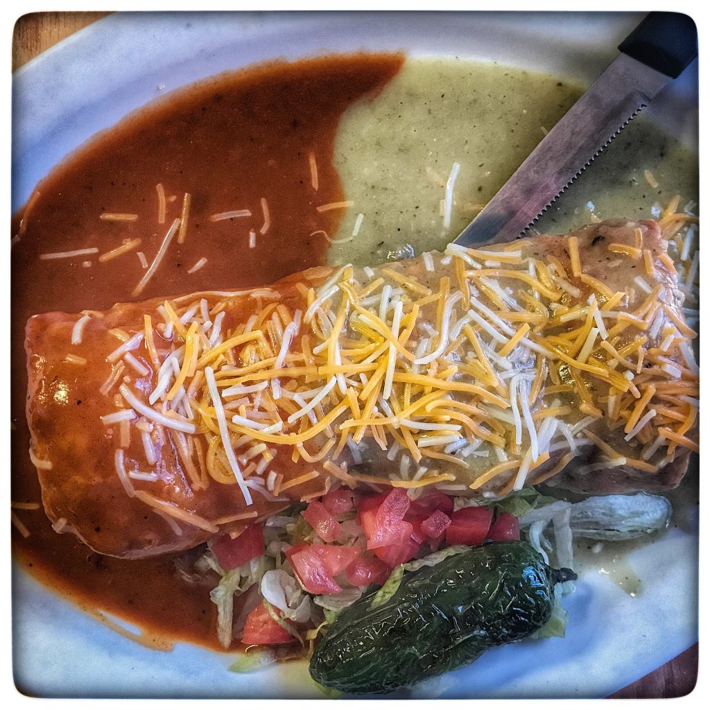 A plate with a burrito on it.