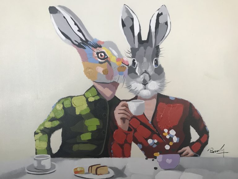 A painting of two rabbits sitting at a table.