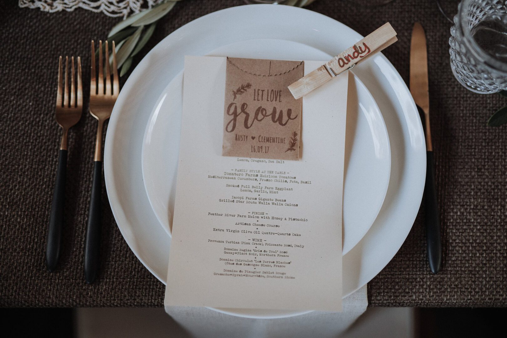 A table setting with a place card and forks.