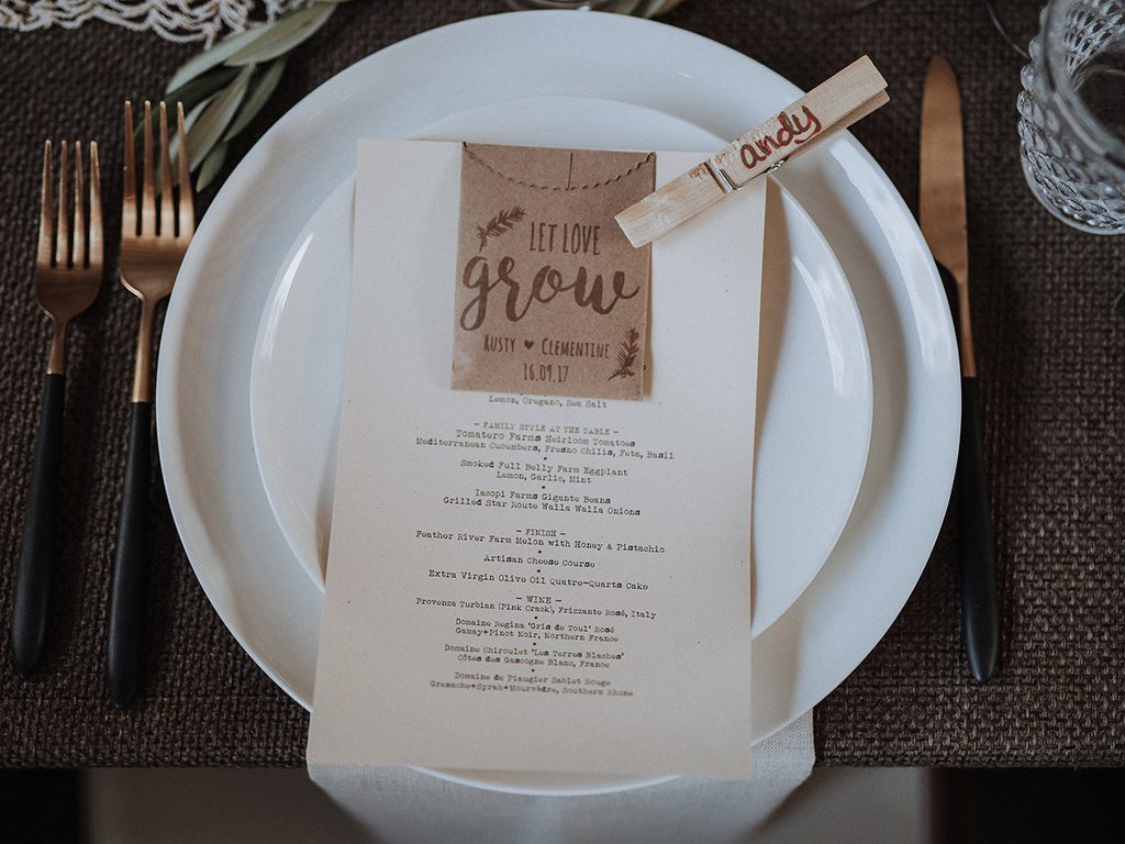 A table setting with a menu and forks on it.